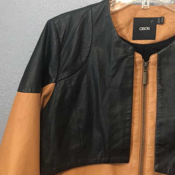 asos REAL Leather jacket Women's 12 camel brown black zip front crop coat EUC - Picture 6 of 16